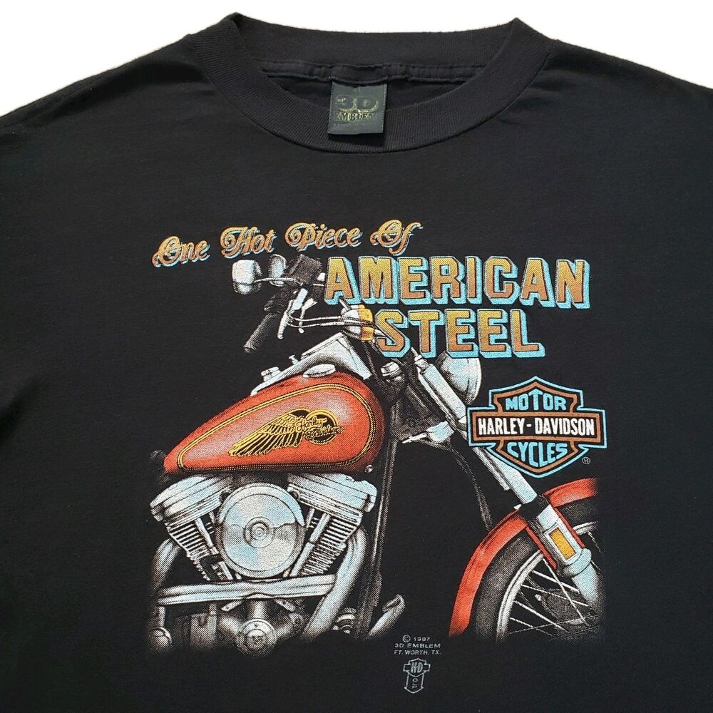 Vintage 80s Harley Davidson 3D Emblem One Hot Piece Sz XL Double Side T-Shirt